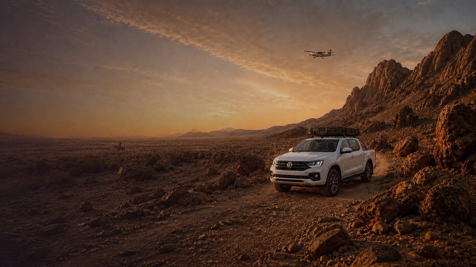 A white 4x4 bakkie in a Namibian mountain landscape, with a light aircraft and distant horse rider